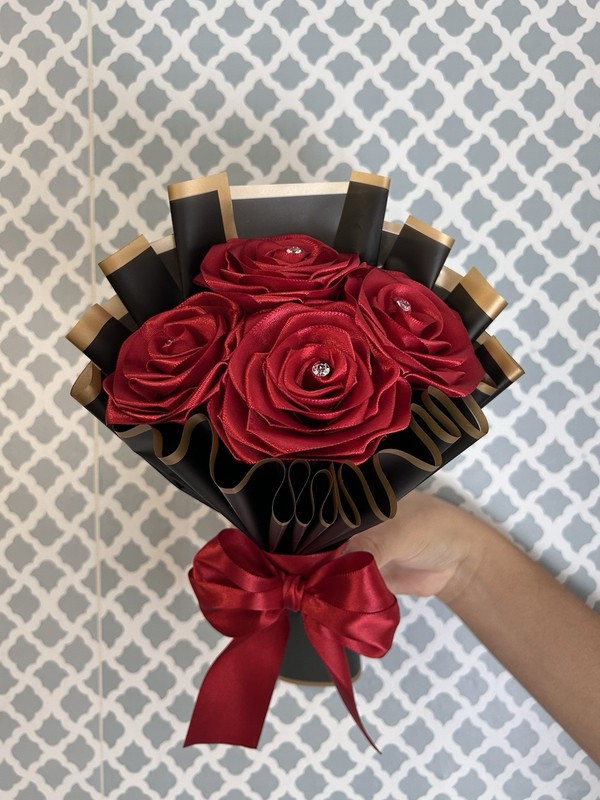 Red Satin Artificial Rose Bouquet Bundle w/ Black/Gold Wrap & Ribbon Bow