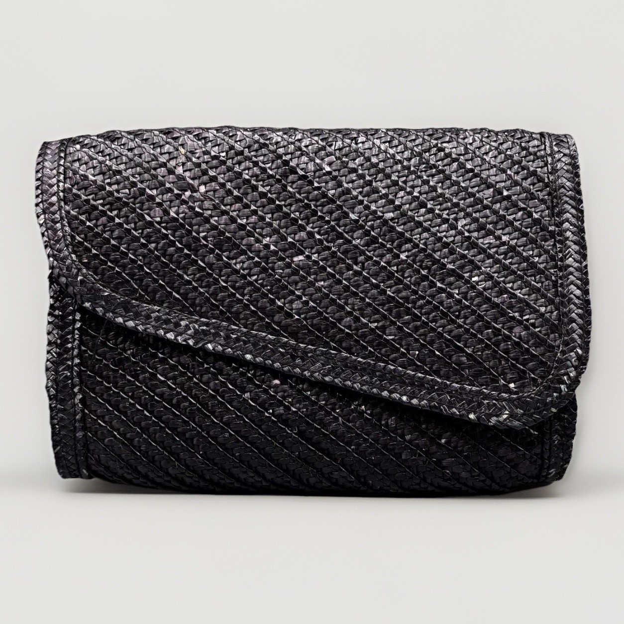 Vintage BLACK Purse Straw RAFFIA Woven Flat Envelope CLUTCH  BAG Super Cute!!
