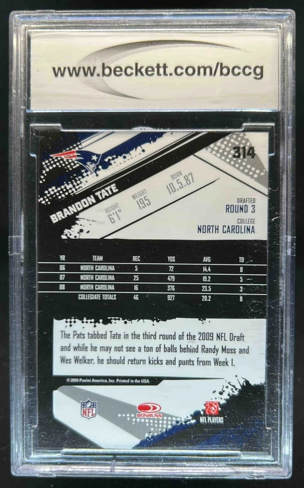 2009 Panini Score Brandon Tate Rookie RC #314 Patriots BCCG 10 - Image 2 of 2