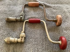Two Vintage Antique Bit Brace Hand Crank Drills with wooden handles