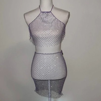 Diamond Rhinestone Fishnet Skirt Set