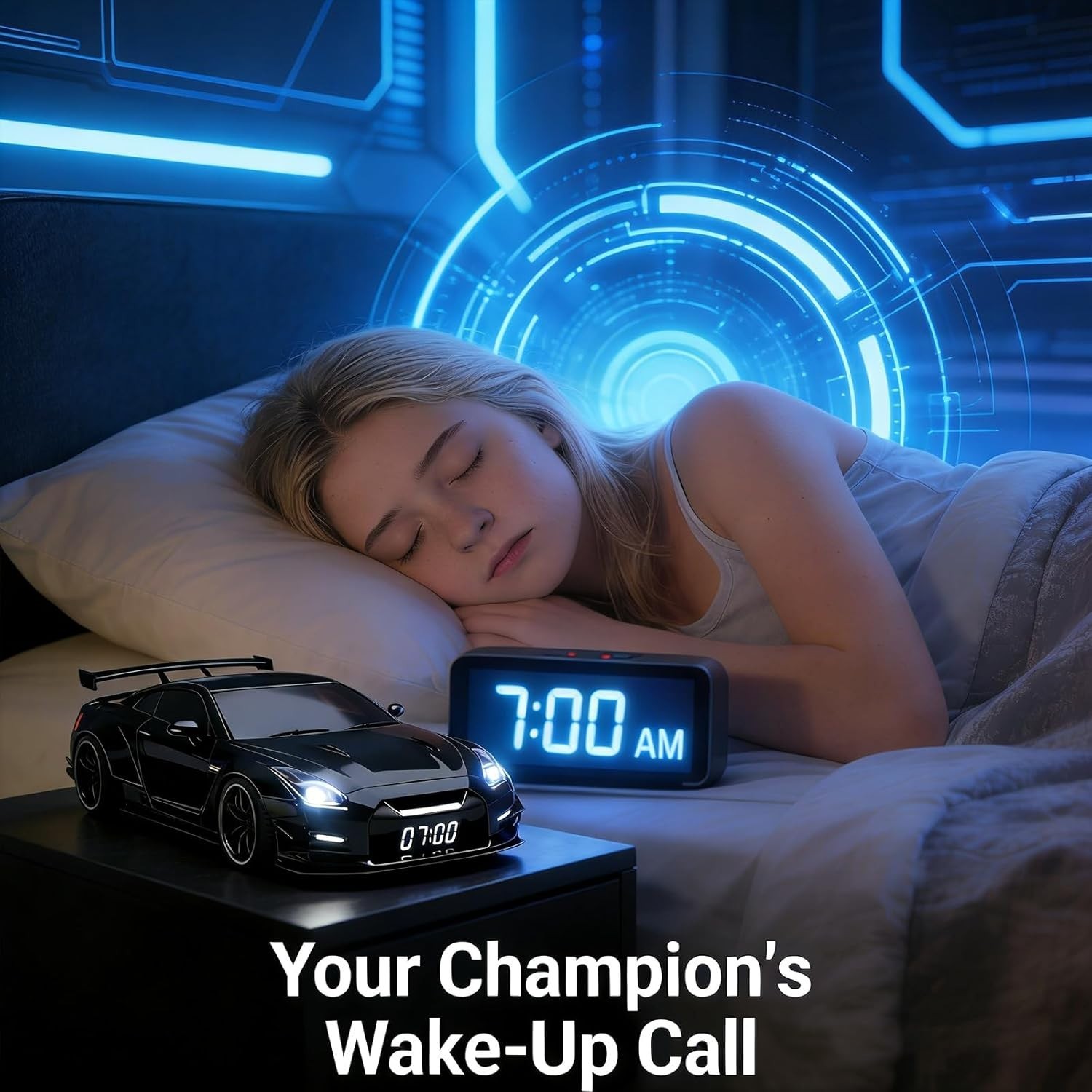 Cars Alarm Clock with Realistic Engine Sound/Vibration & Flame Mist Effect