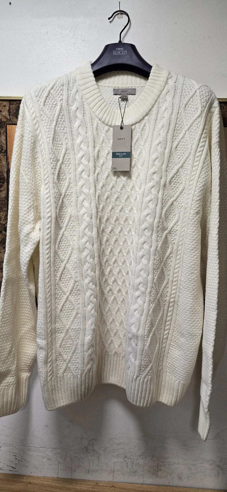 Next Men's Ecru White Regular Fit Cable Knit Crew Jumper with Wool Size UK XXL