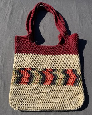 Handmade Solid Crochet Bag Boho Chic Spacious & Lightweight Tote Red Green Tan