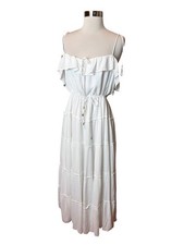 By Anthropologie Tiered A-Line Dress Medium White Gauzy Maxi Beachy Flowy