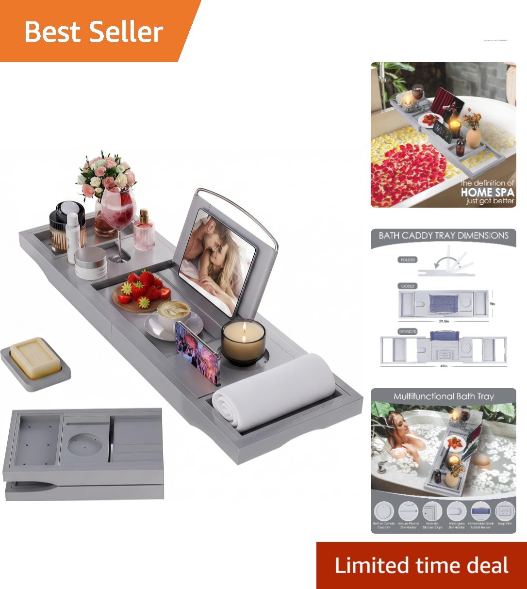 Elegant Waterproof Bamboo Bathtub Tray with Adjustable Sides & Spa Essentials