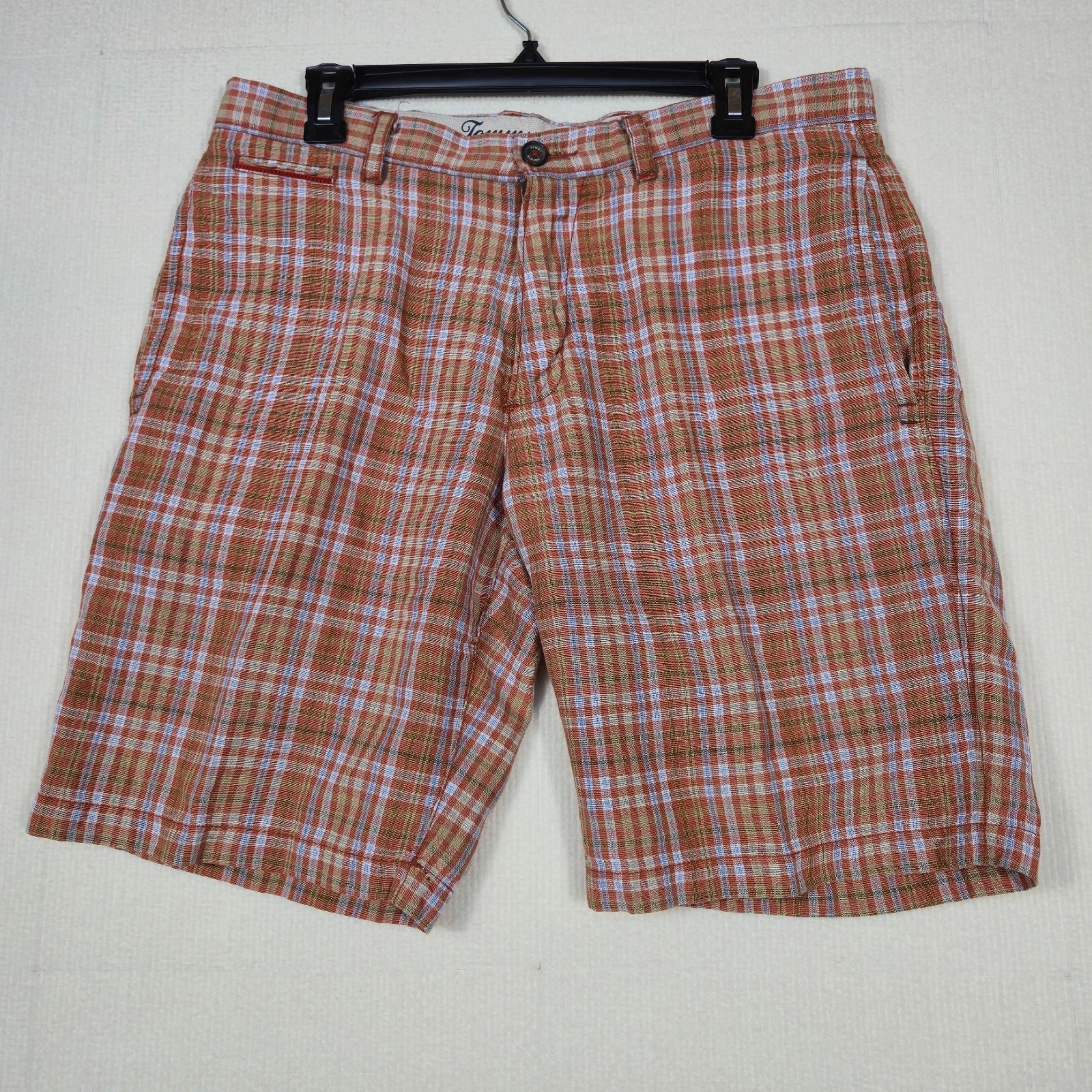Tommy Bahama Mens Linen Blend Plaid Shorts Sz 32 Orange Blue Casual Summer Golf