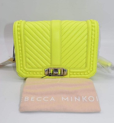 Rebecca Minkoff Chevron Quilted Small Love Crossbody Bag with Studs in Neon Yell