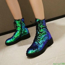 Womens Glitter Sequin Ankle Boots Zip Casual Low Heel Round Toe Lace Up Shoes