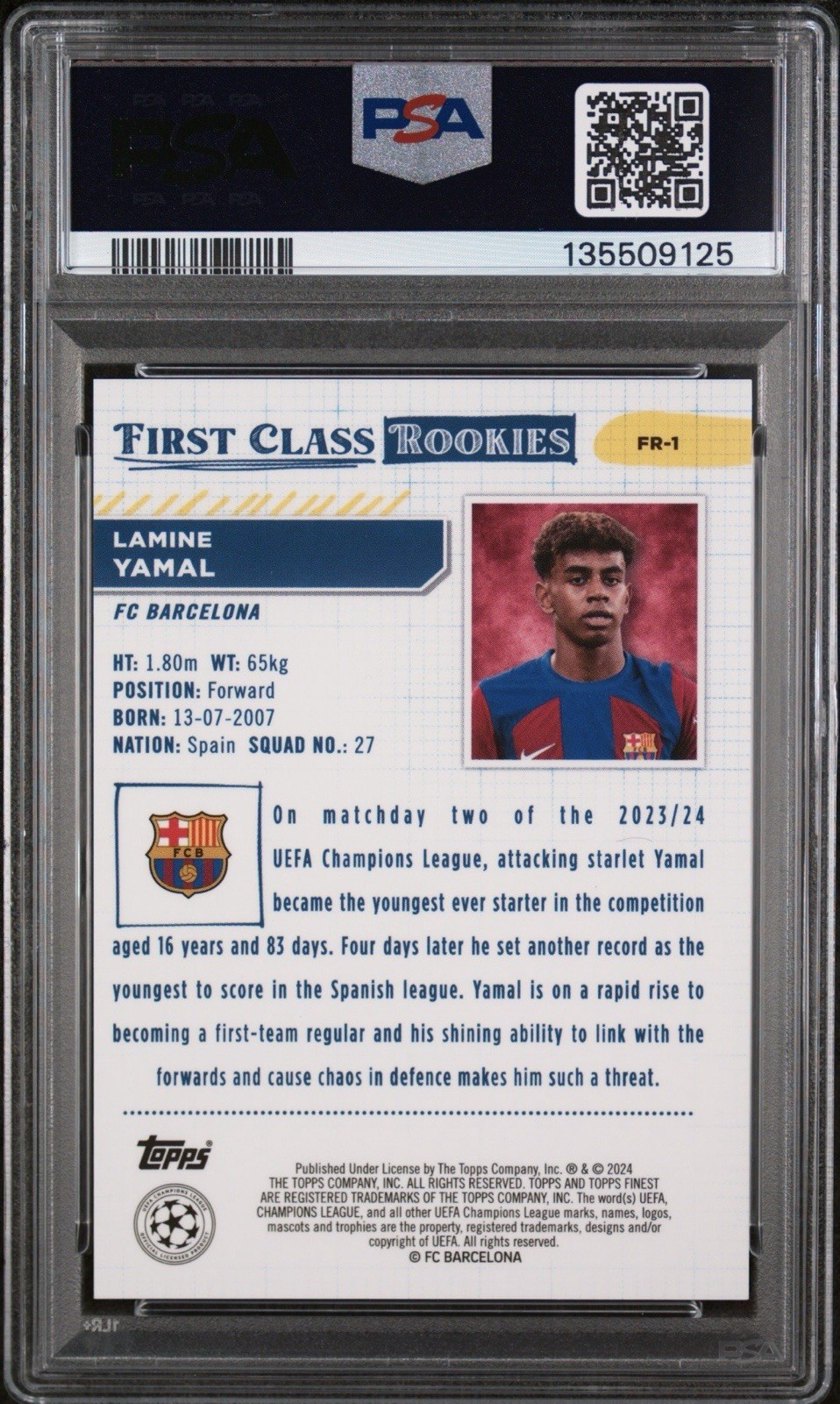 2023-24 Topps Finest UCC Lamine Yamal First Class Rookie Purple RC /299 PSA 10 view 2