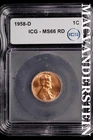 1958-D Lincoln Wheat Cent-ICG MS 66 RD Choice Gem BU No Reserve #SLM104