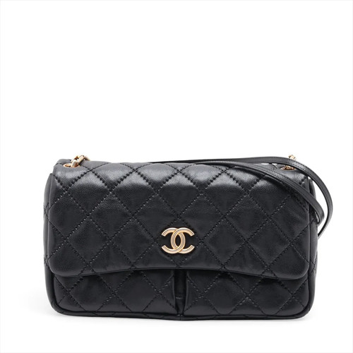 Chanel Wild Stitch Leather Single Flap Double Chain Bag Black Gold Metal Fitting