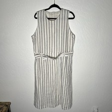 100% Linen Belted Midi Dress Pockets Womens 16 White Blue Striped Coastal Beach