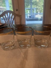 Vintage Whiskey Rocks Glass Gold Rimmed Paneled Heavy and Thick 3 Pcs