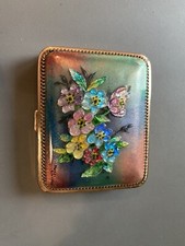 Ancien Poudrier Motif Fleurs Signé Fauré Limoges émaux Miroir Métal