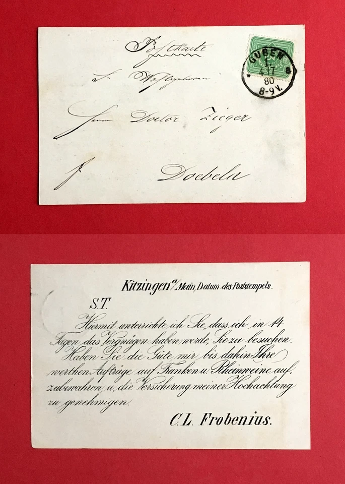 Reklame AK KITZINGEN 1880 C. L. Frobenius mit Poststempel GUBEN  ( 44438 - Bild 1 von 1