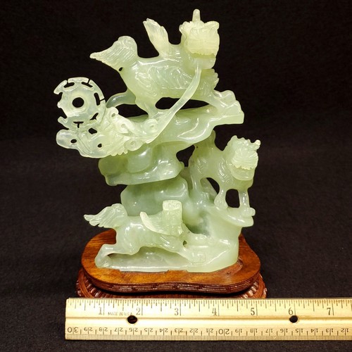 Vtg Antique Chinese Jadeite Jade Statue Figure Standing Guardian Lions Foo Dogs - Picture 3 of 12