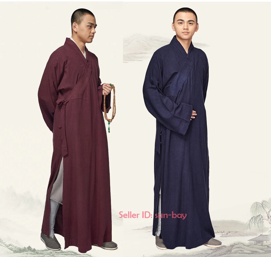 Shaolin Buddhist Monk Dress Meditation Cotton Linen Long Robe Gown Kung Fu Suit - Image 3 of 4