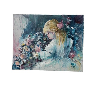 Annetta Nichols The Garden Painting Canvas Signed Girl Watercolors Oil Floral