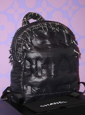 CHANEL COCO NEIGE Nylon Tweed Doudoune Cocoon Logo Backpack Black/White *RARE*!!