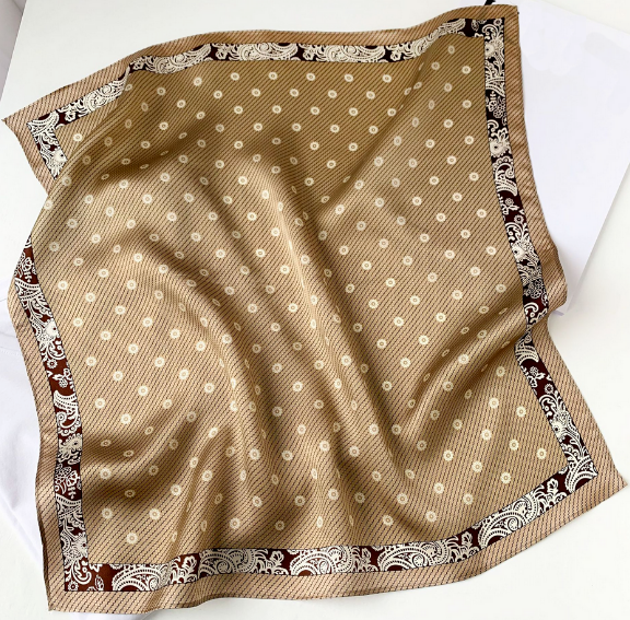 100% Silk 20-Inch Small Scarf for Women Soft Brown Dot Neck Wrap
