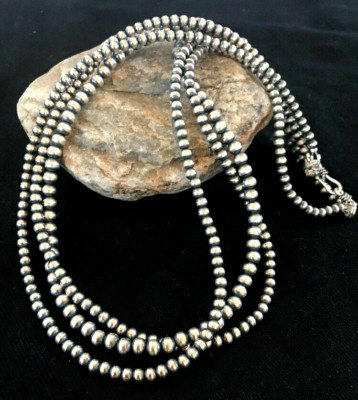 Native American 4, 5, 6 mm Sterling Silver Beads 3 Strand 36  Necklace