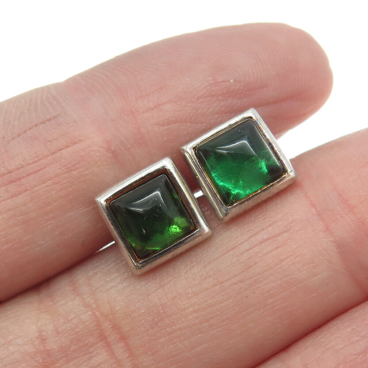 925 Sterling Silver Vintage Real Green Amber Squa… - image 1