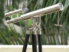 Vintage Nautical Double Barrel Brass Telescope With Black Tripod Stand Decor
