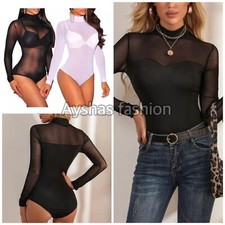 Ladies Womens Mesh Polo Sheer Turtle Neck High Neck Long Sleeve Leotard Bodysuit