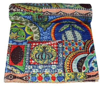 Indian Twin Kantha Quilt Multi Print Bedspread Cotton Throw Reversible Blanket 