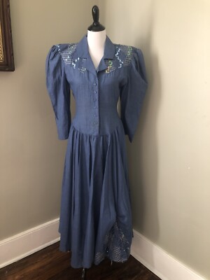 VTG Western Liz E Parker Button Up Denim Dress With Sequin Embellishments  Size 8 | eBay