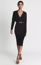 REISS Jenna Wool Blend Ruched Sleeve Midi Jumper Dress in Black Size XS