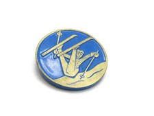 Vintage Falling Skier Pin Blue Enamel Gold Tone Lapel Hat Brooch Winter Sports