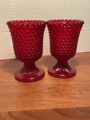 Vintage Pair Of 2 Fenton  Red Amberina Footed Hobnail 4” Vase Or Candle Holder