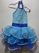 Girls Sequined Weissman Dance Costume Silver Wire Hem Blue Dress XSC