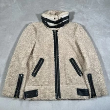 Zara Shearling Faux Fur Jacket Women's Small Beige Full Zip Belted Moto Aviator