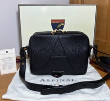  BNIB Aspinal of London Black Pebbled Leather ‘A’ Camera Cross Body Bag in Box
