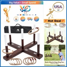 Rustic Wooden Ring Toss Game with 6 Rope Rings for Kids Adults Outdoor Yard...