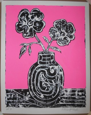 Michael Reeder UP 7 Unique Screen Print Signed One Of A Kind Flowers Vase Pink
