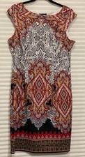 Liz Claiborne 12 Brown Rust Black Paisley Stretch Sleeveless Sheath Shift Dress