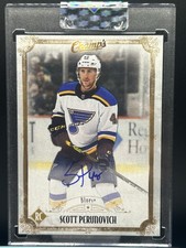 Scott Perunovich Rookie Autographed 2022 Upper Deck Clear Cut Champs Blues Card. rookie card picture