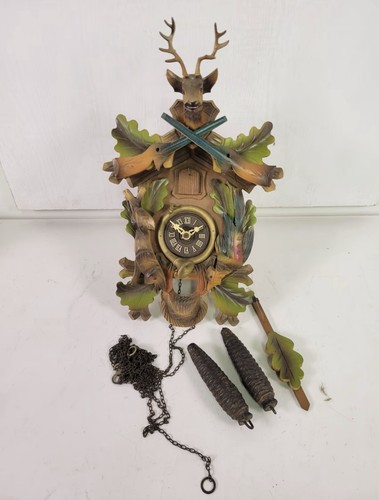 Vintage German Hunting Theme Cuckoo Clock Multicolor Untested Forest Hand Carved