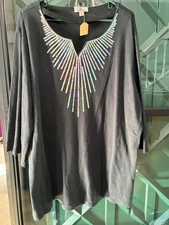 Quacker Factory Black Iridescent 3/4 Sleeve V-Neck Top Size 3X 