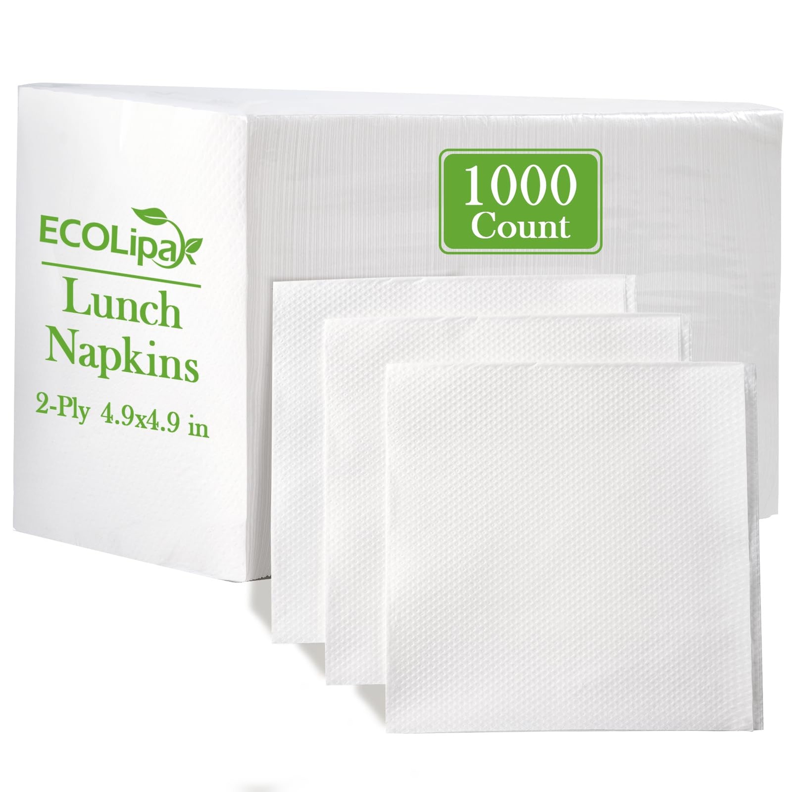 ECOLipak Lunch Napkins Bulk, 1000 Count, 4.9×4.9 Inch Folded, 4.9*4.9, White