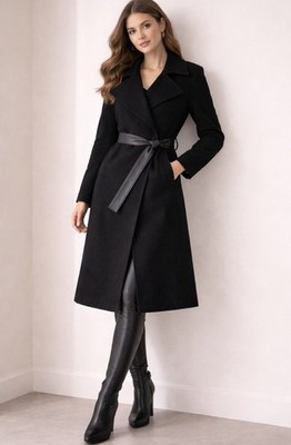 Frye Black Belted Wrap Coat Wool Blend Jacket Medium NWT Leather Trim
