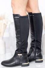 LADIES WOMENS FASHION BUCKLE KNEE HIGH STRETCH CALF LEG ZIP FLAT HEEL BOOTS SIZE
