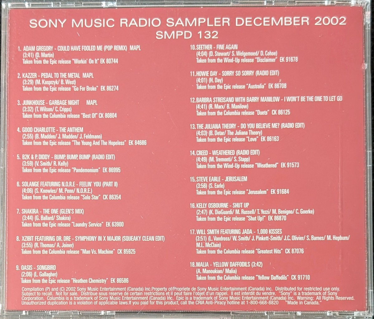 VARIOUS – SONY MUSIC SAMPLER DEC.2002 CD (Shakira, Creed, B2K & P