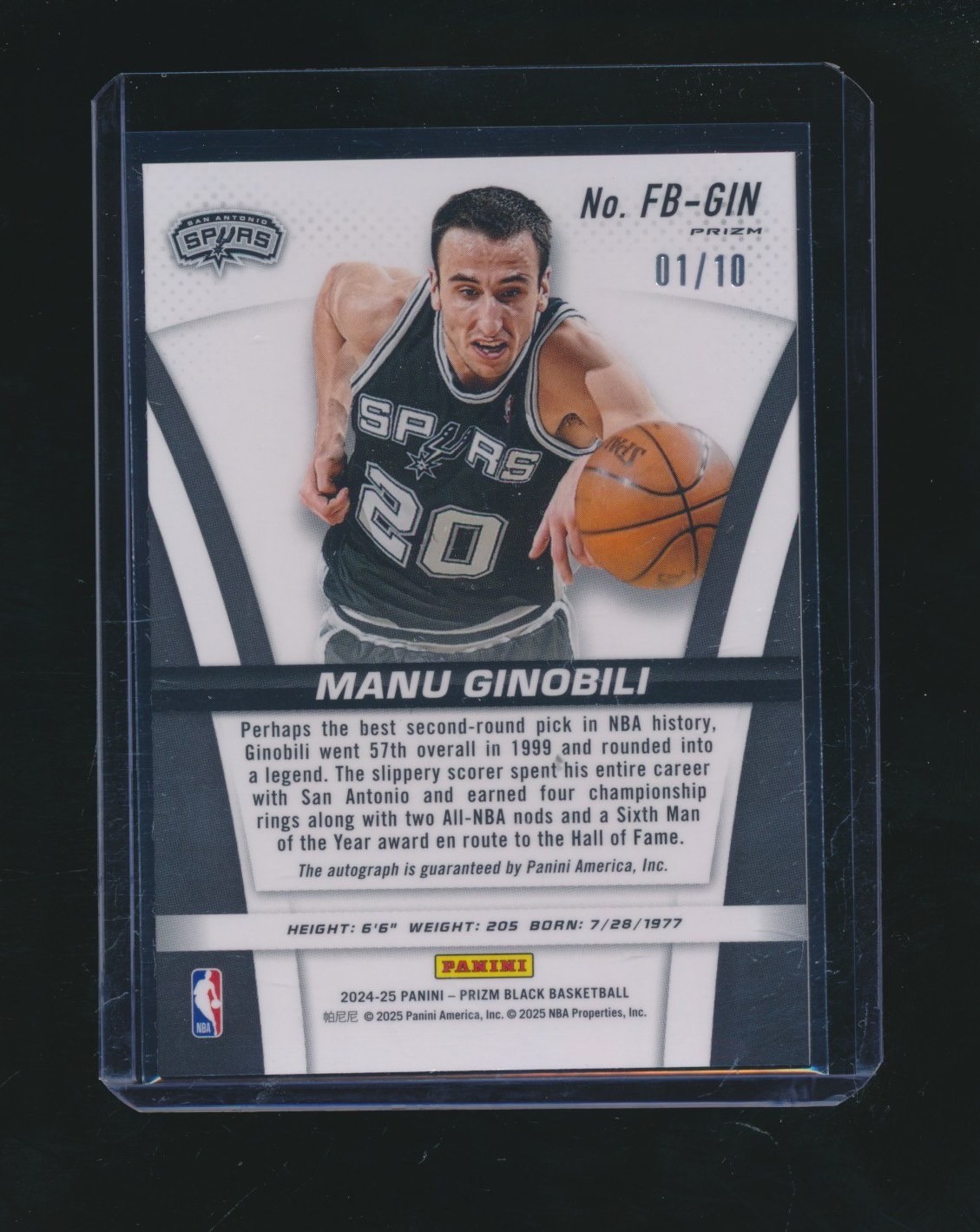 MANU GINOBILI 2024-25 PANINI PRIZM SIGNATURES GOLD PRIZM AUTO PARALLEL 01/10 view 2