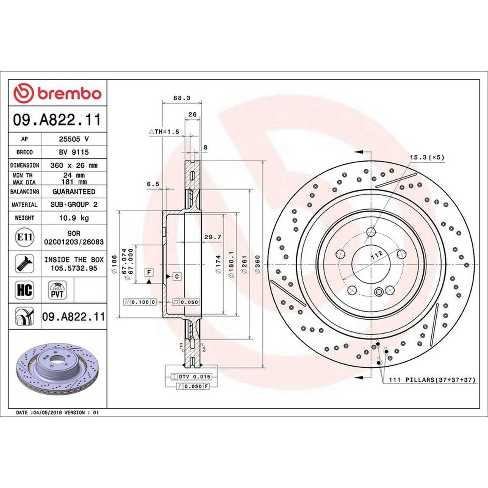 Brembo Prime Line UV Coated Vented Brake Disc - Drilled & Slotted - 09.A822.11