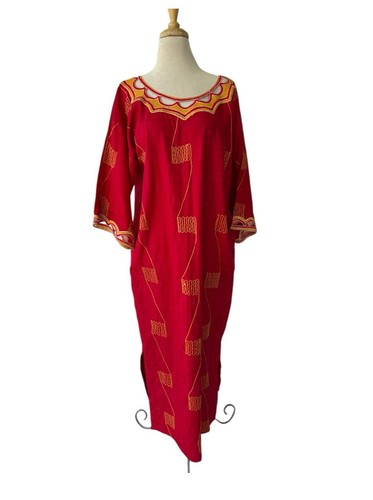 Vtg African Red Gold Embroidered Caftan Maxi Dress OS Sz XL Ceremonial Lounge - Picture 5 of 6